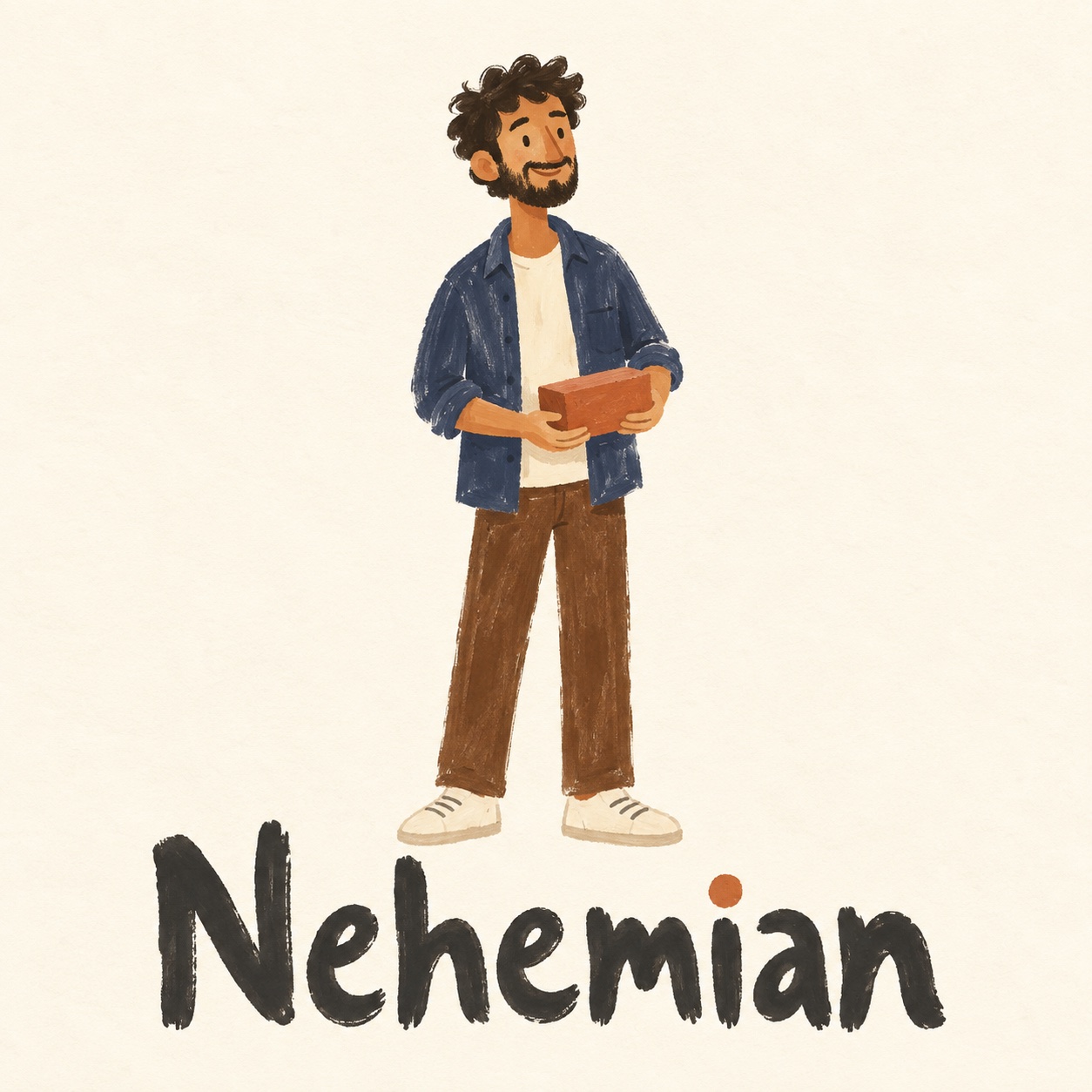 Nehemian hand-painted logo: a modern community builder holding a brick
